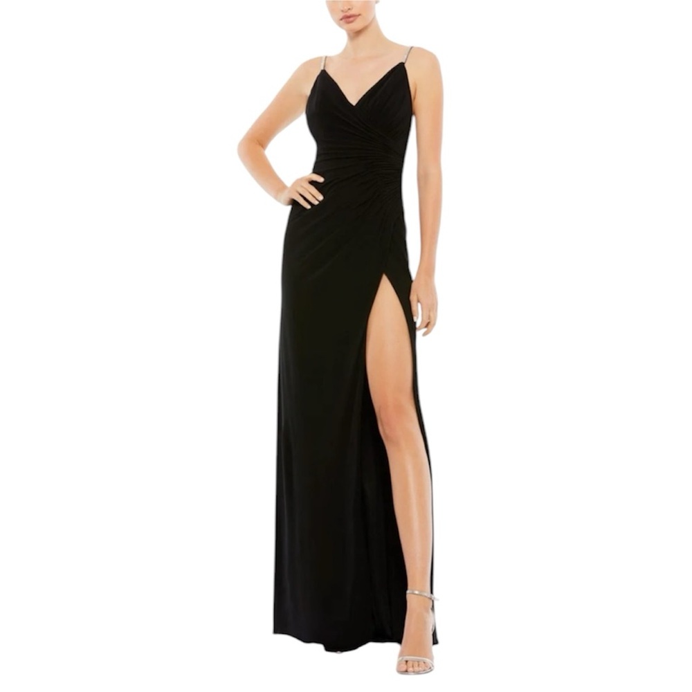 Mac Duggal V Neck Embellished Straps Jersey Formal Gown Train Black Dress 12 NWT